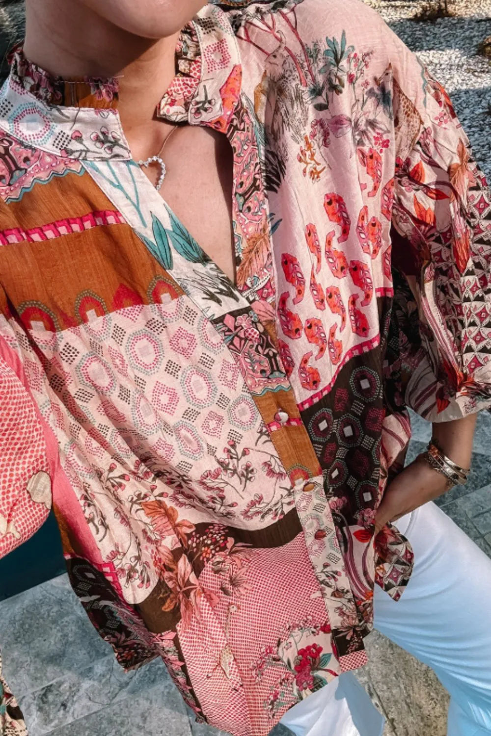 Sunset Mosaic Patchwork Blouse-Tops-Krush Kandy, Women's Online Fashion Boutique Located in Phoenix, Arizona (Scottsdale Area)