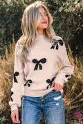 Pearl Embellished Bow Pattern Loose Sweater-Sweater-Krush Kandy, Women's Online Fashion Boutique Located in Phoenix, Arizona (Scottsdale Area)