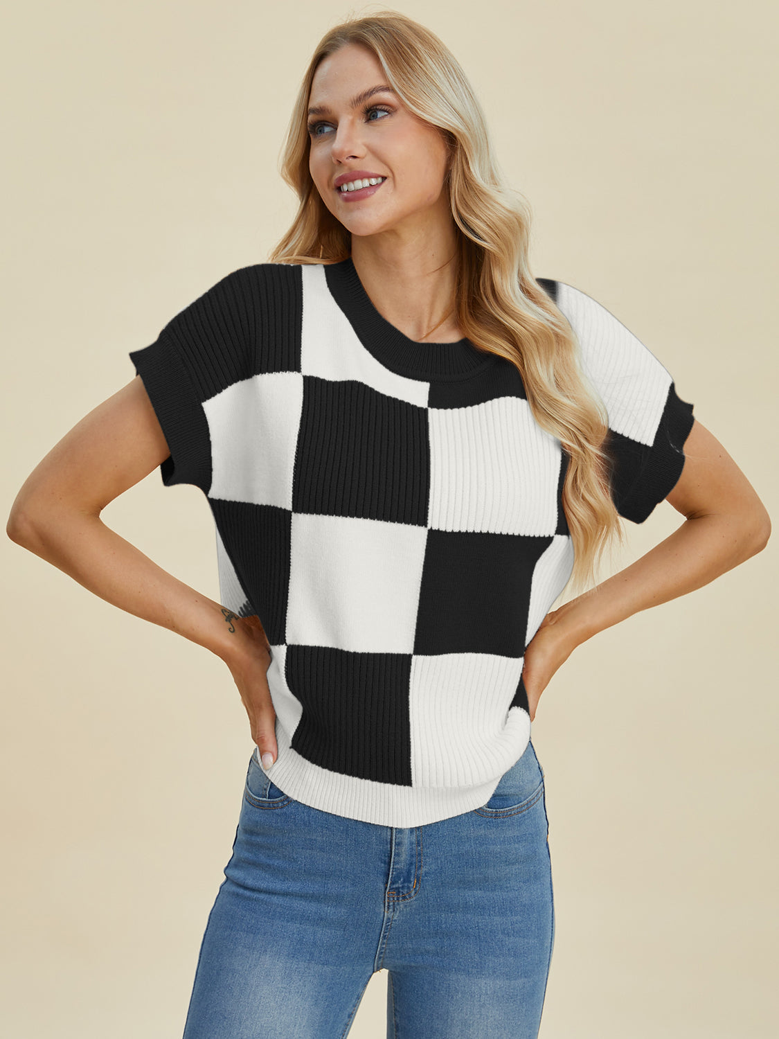 Double Take Full Size Checkered Round Neck Short Sleeve Sweater-Tops-Krush Kandy, Women's Online Fashion Boutique Located in Phoenix, Arizona (Scottsdale Area)