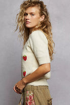 POL Round Neck Strawberry Patch Sweater with Shirring Shoulder-Sweater-Krush Kandy, Women's Online Fashion Boutique Located in Phoenix, Arizona (Scottsdale Area)