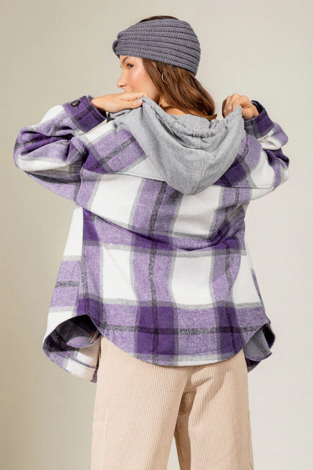 Drawstring Plaid Dropped Shoulder Hooded Shacket-Krush Kandy, Women's Online Fashion Boutique Located in Phoenix, Arizona (Scottsdale Area)