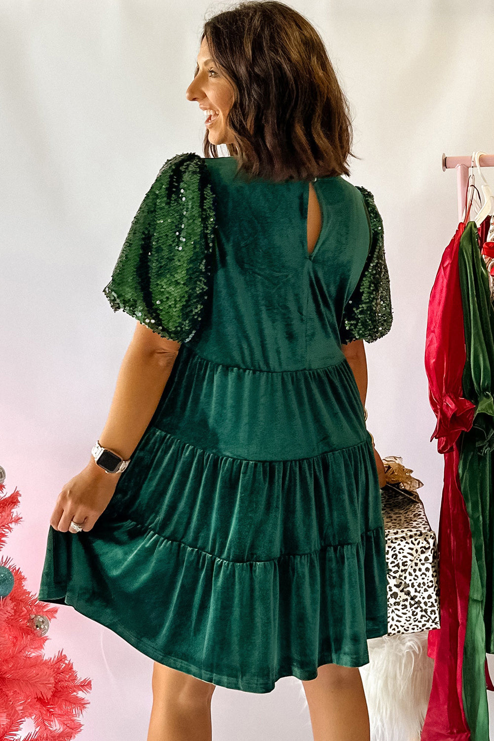 Evergreen Velvet Sequin Sleeve Dress-Dresses-Krush Kandy, Women's Online Fashion Boutique Located in Phoenix, Arizona (Scottsdale Area)