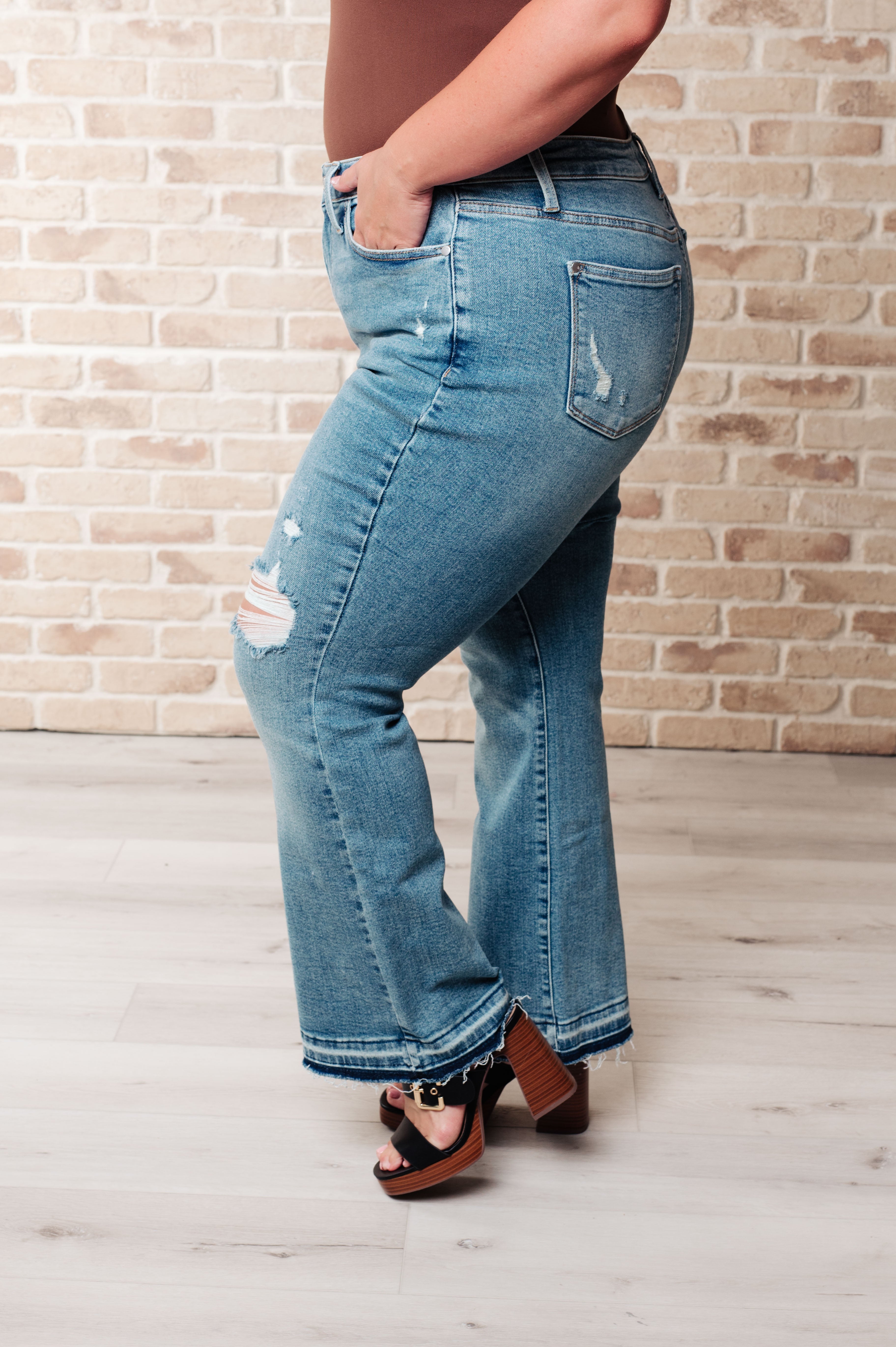 Judy Blue Isla Mid Rise Distressed Released Hem Bootcut Jeans-Jeans-Krush Kandy, Women's Online Fashion Boutique Located in Phoenix, Arizona (Scottsdale Area)