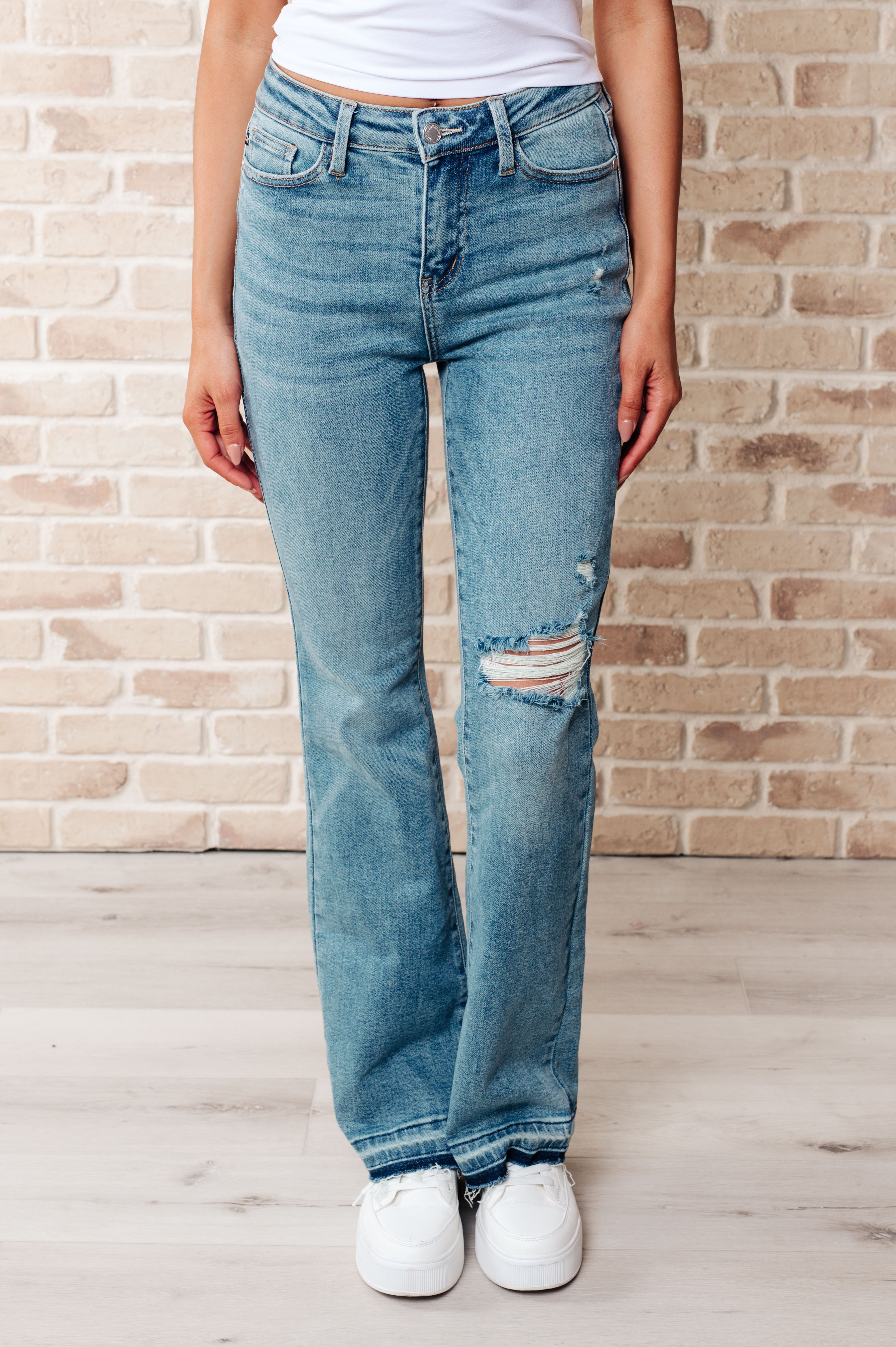 Judy Blue Isla Mid Rise Distressed Released Hem Bootcut Jeans-Jeans-Krush Kandy, Women's Online Fashion Boutique Located in Phoenix, Arizona (Scottsdale Area)