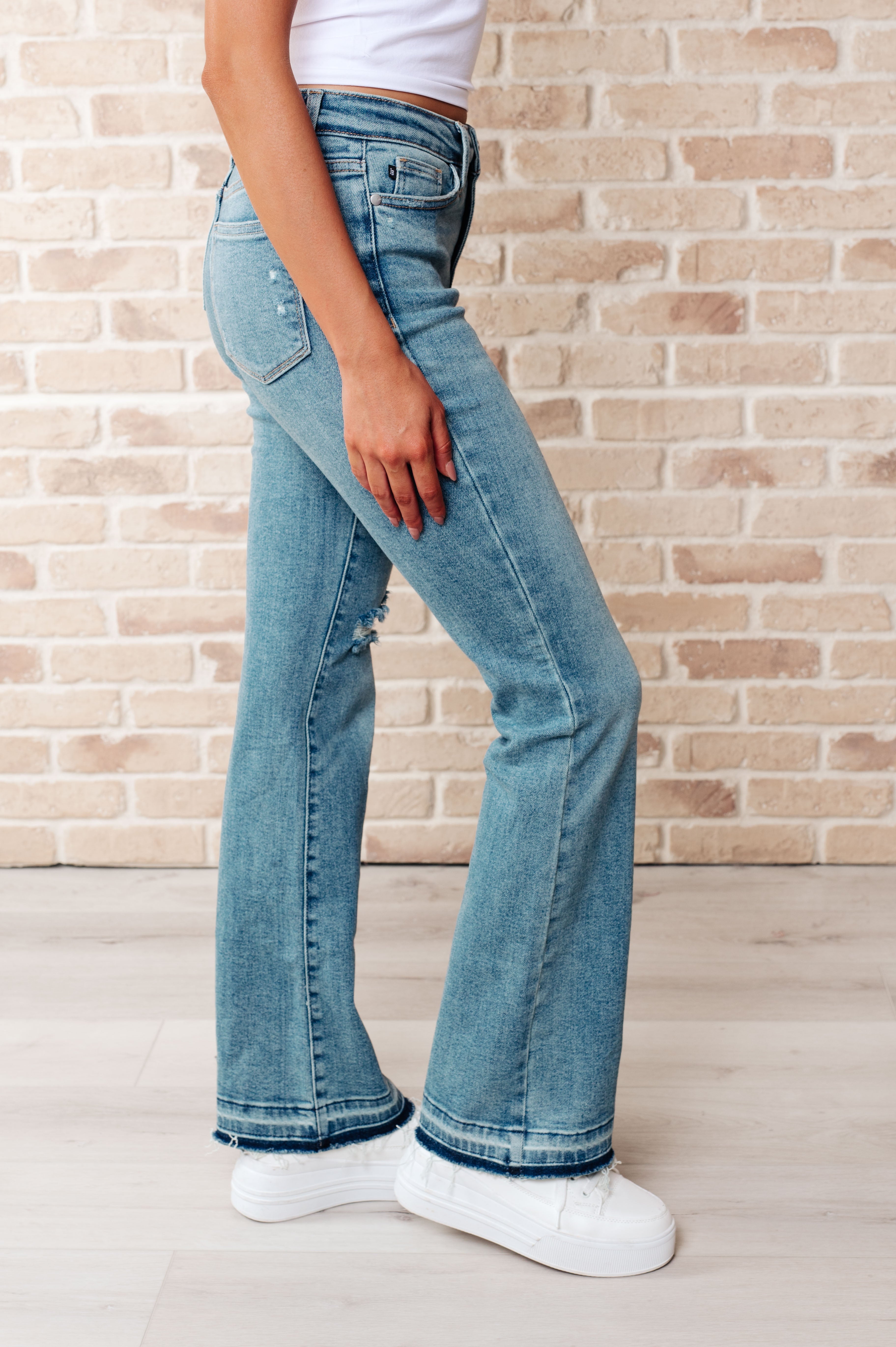 Judy Blue Isla Mid Rise Distressed Released Hem Bootcut Jeans-Jeans-Krush Kandy, Women's Online Fashion Boutique Located in Phoenix, Arizona (Scottsdale Area)