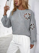 Perfee Cutout Pearl Round Neck Long Sleeve Sweatshirt-Sweaters-Krush Kandy, Women's Online Fashion Boutique Located in Phoenix, Arizona (Scottsdale Area)