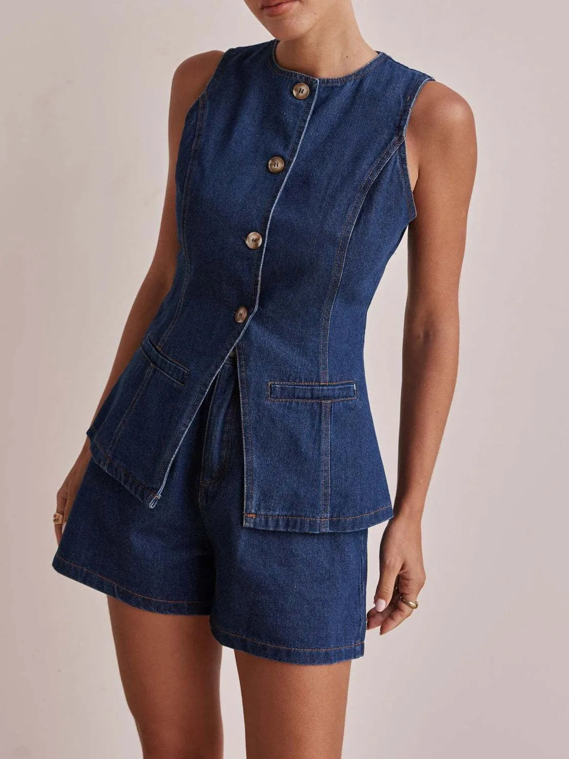 Button Down Vest and Shorts Denim Set-2 Piece Outfit Sets-Krush Kandy, Women's Online Fashion Boutique Located in Phoenix, Arizona (Scottsdale Area)