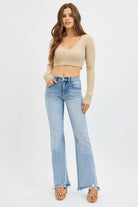RISEN Full Size Tummy Control Mid Rise Flare Jeans with Fray Hem Detailed Plus Size-Jeans-Krush Kandy, Women's Online Fashion Boutique Located in Phoenix, Arizona (Scottsdale Area)
