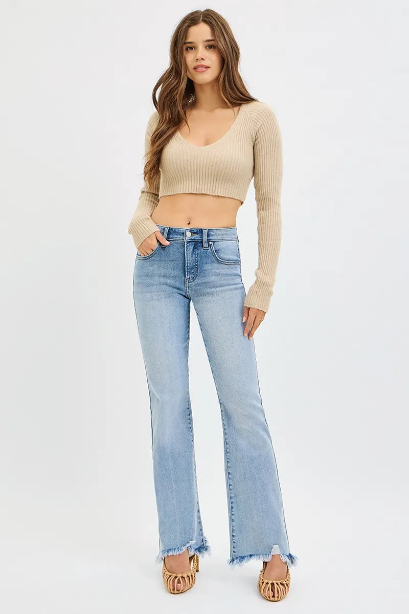 RISEN Full Size Tummy Control Mid Rise Flare Jeans with Fray Hem Detailed Plus Size-Jeans-Krush Kandy, Women's Online Fashion Boutique Located in Phoenix, Arizona (Scottsdale Area)