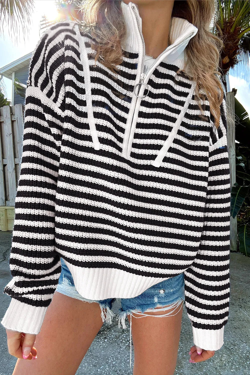 Black Stripe Half-Zip Knit Sweater-Sweaters-Krush Kandy, Women's Online Fashion Boutique Located in Phoenix, Arizona (Scottsdale Area)