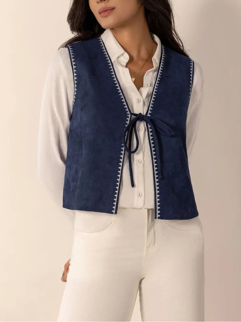 Tied Contrast Trim Vest-Vests-Krush Kandy, Women's Online Fashion Boutique Located in Phoenix, Arizona (Scottsdale Area)