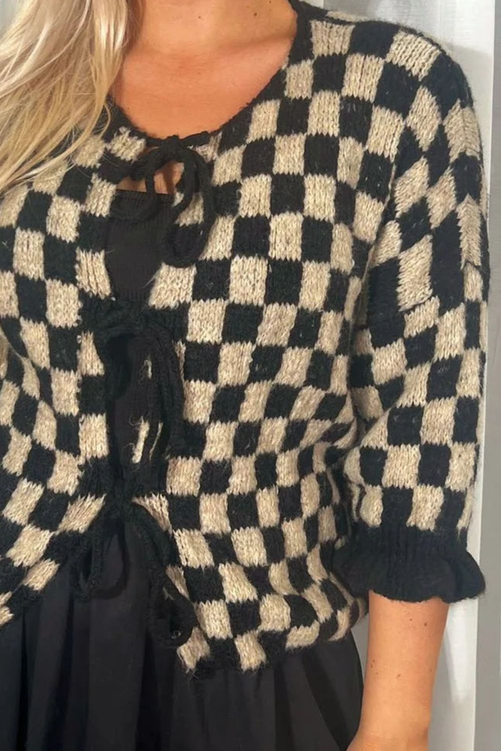 Double Take Tied Checkered Dropped Shoulder Flounce Sleeve Cardigan-Krush Kandy, Women's Online Fashion Boutique Located in Phoenix, Arizona (Scottsdale Area)