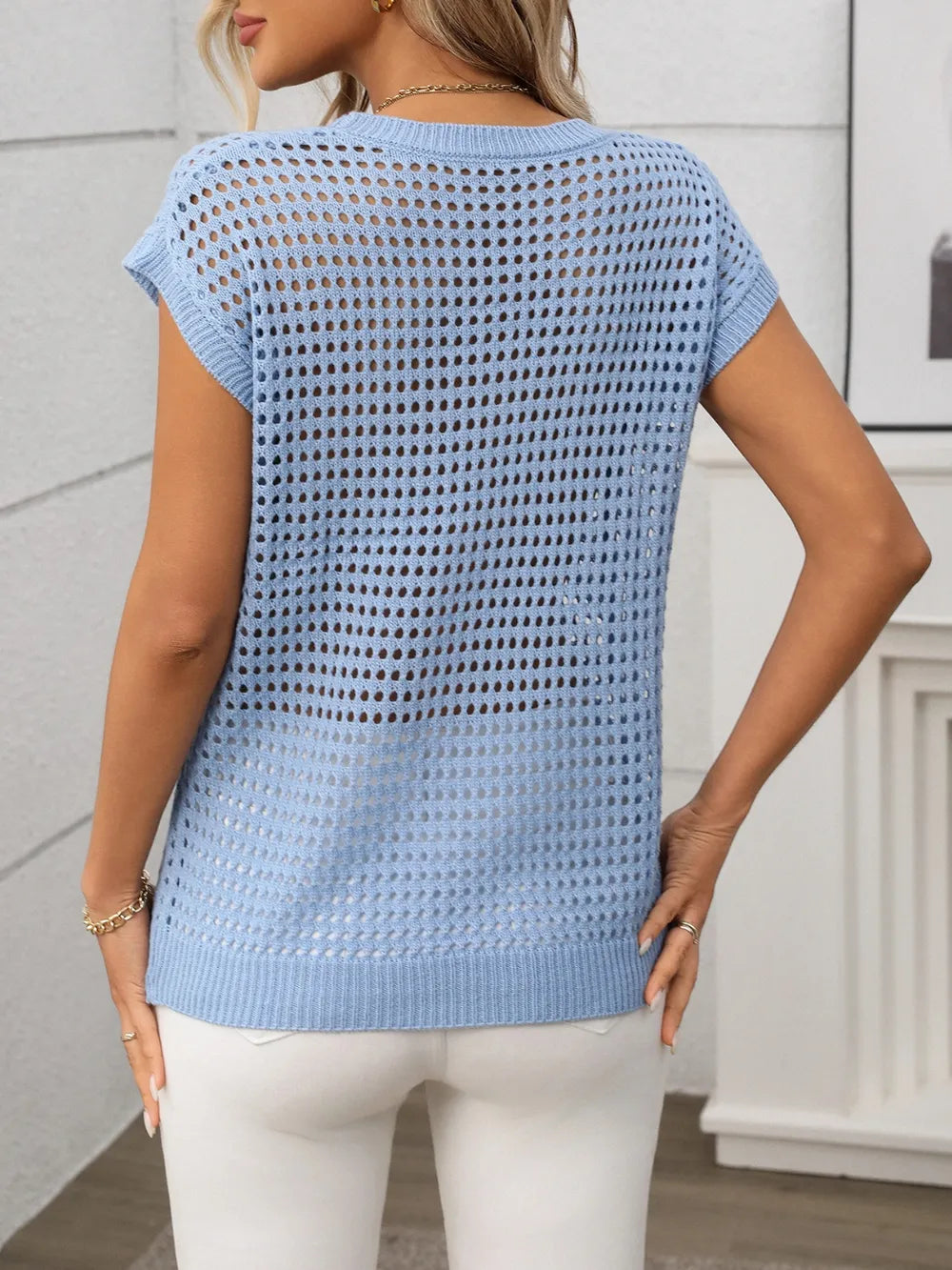 Openwork Round Neck Short Sleeve Knit Cover Up-Krush Kandy, Women's Online Fashion Boutique Located in Phoenix, Arizona (Scottsdale Area)