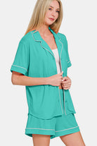 Zenana Button Down Short Sleeve Top and Shorts Lounge Set-Loungewear-Krush Kandy, Women's Online Fashion Boutique Located in Phoenix, Arizona (Scottsdale Area)