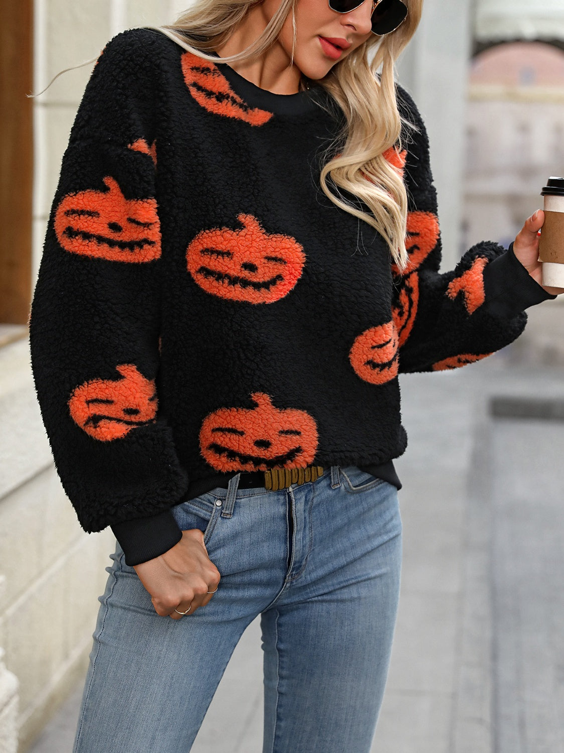 Fuzzy Pumpkin Round Neck Dropped Shoulder Sweater-Krush Kandy, Women's Online Fashion Boutique Located in Phoenix, Arizona (Scottsdale Area)