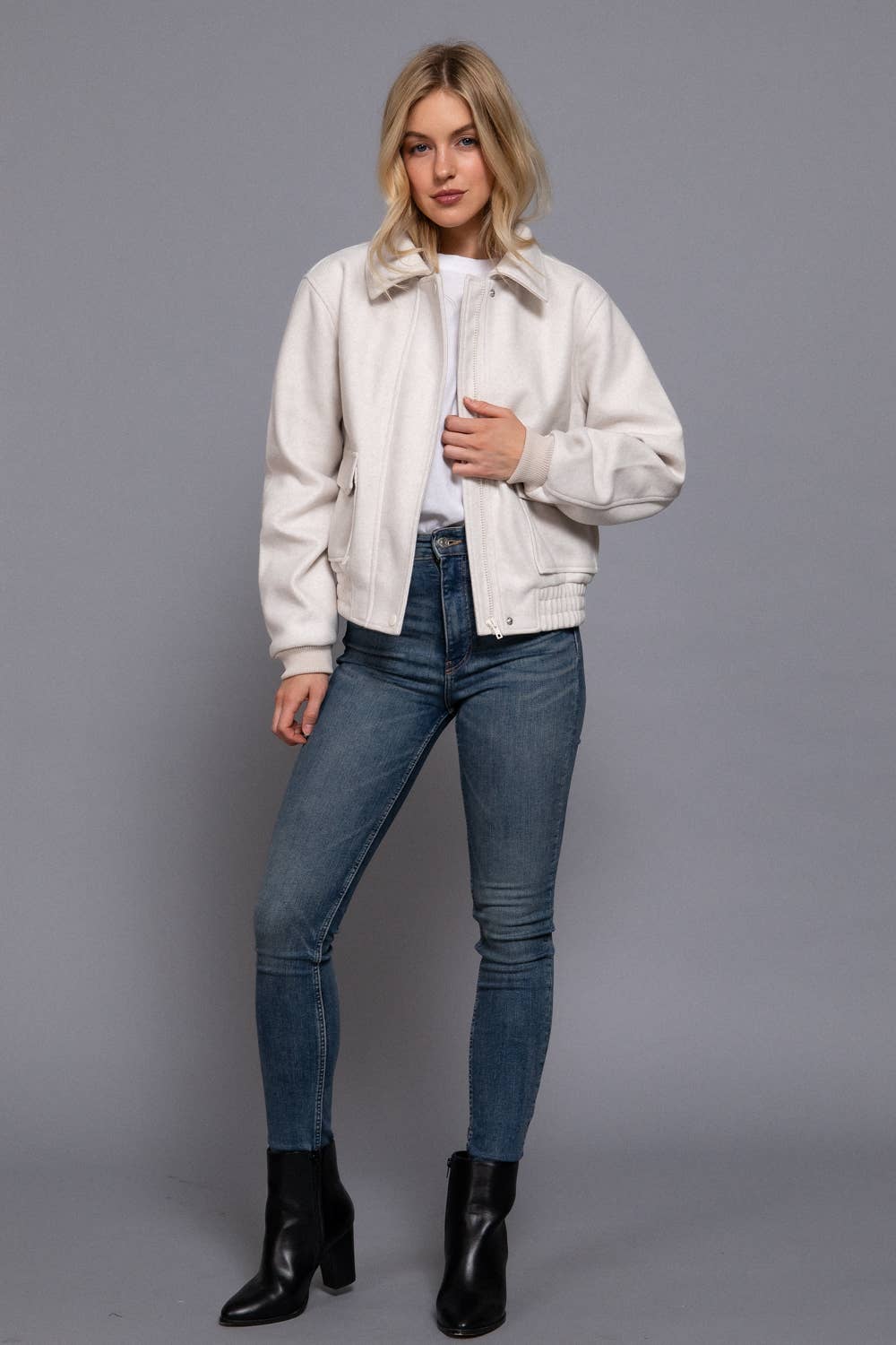 Long Sleeve Lapel Collar Soft Felt Bomber Jacket-Jackets-Krush Kandy, Women's Online Fashion Boutique Located in Phoenix, Arizona (Scottsdale Area)