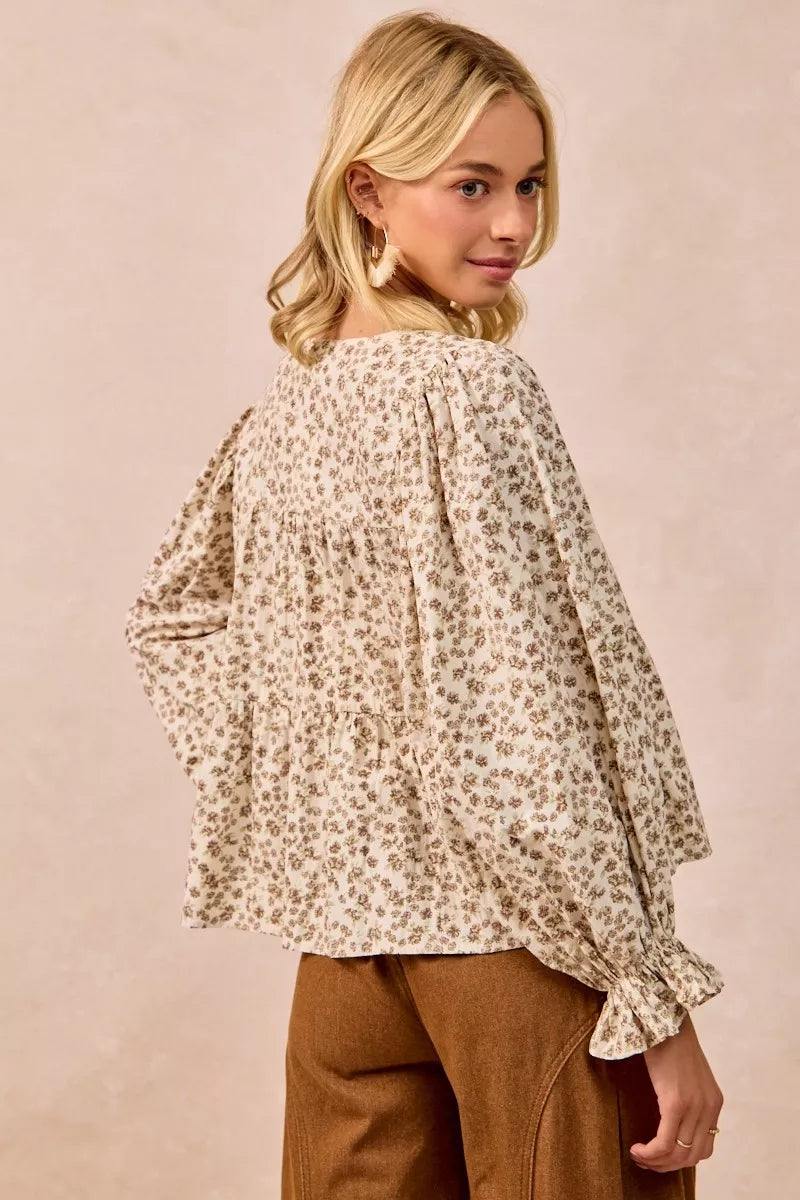 BiBi Floral Printed Peplum Blouse with Shirring and Tied-Tops-Krush Kandy, Women's Online Fashion Boutique Located in Phoenix, Arizona (Scottsdale Area)