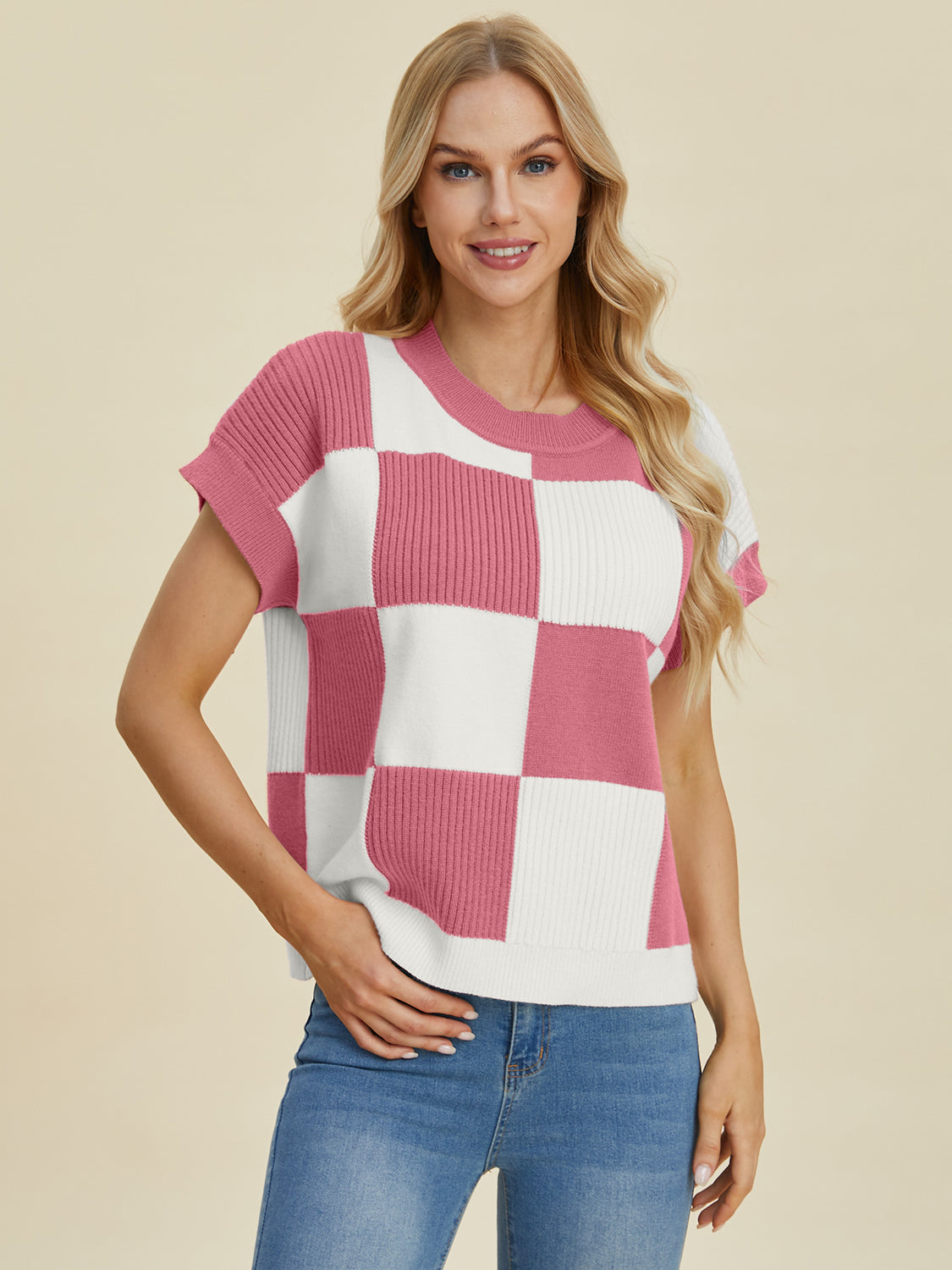 Double Take Full Size Checkered Round Neck Short Sleeve Sweater-Krush Kandy, Women's Online Fashion Boutique Located in Phoenix, Arizona (Scottsdale Area)