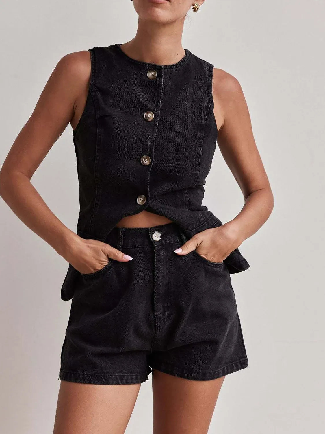 Button Down Vest and Shorts Denim Set-2 Piece Outfit Sets-Krush Kandy, Women's Online Fashion Boutique Located in Phoenix, Arizona (Scottsdale Area)
