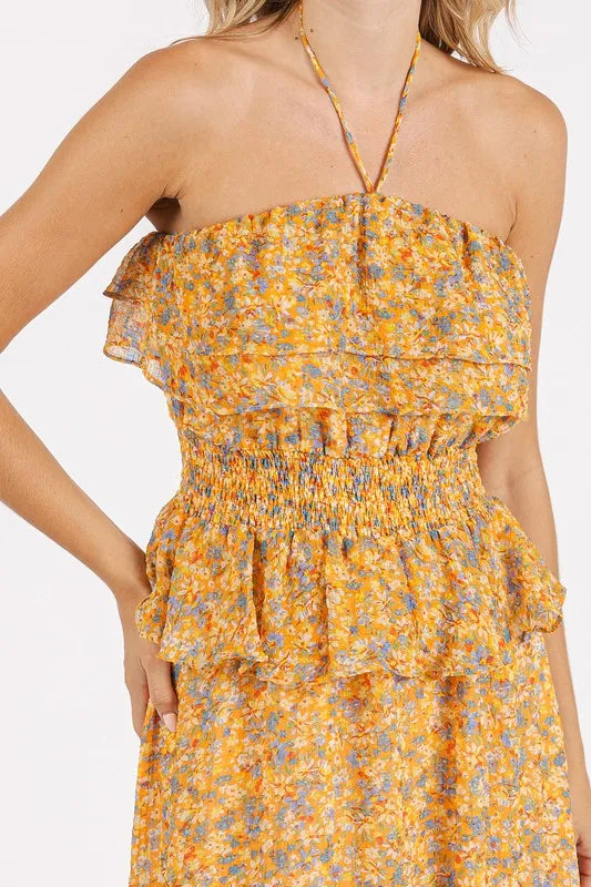 Mittoshop Ruffled Smocked Floral Halter Neck Maxi Dress-Dresses-Krush Kandy, Women's Online Fashion Boutique Located in Phoenix, Arizona (Scottsdale Area)