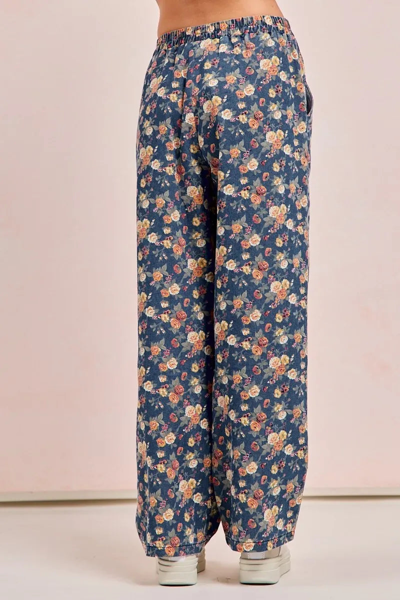 BiBi Washed Floral Print Wide Leg Jeans-Jeans-Krush Kandy, Women's Online Fashion Boutique Located in Phoenix, Arizona (Scottsdale Area)