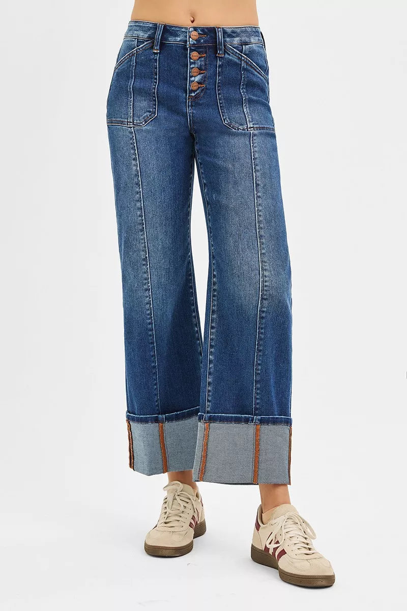 RISEN Full Size High Rise Crop Wide Straight Cuffed Jeans Plus Size-Jeans-Krush Kandy, Women's Online Fashion Boutique Located in Phoenix, Arizona (Scottsdale Area)