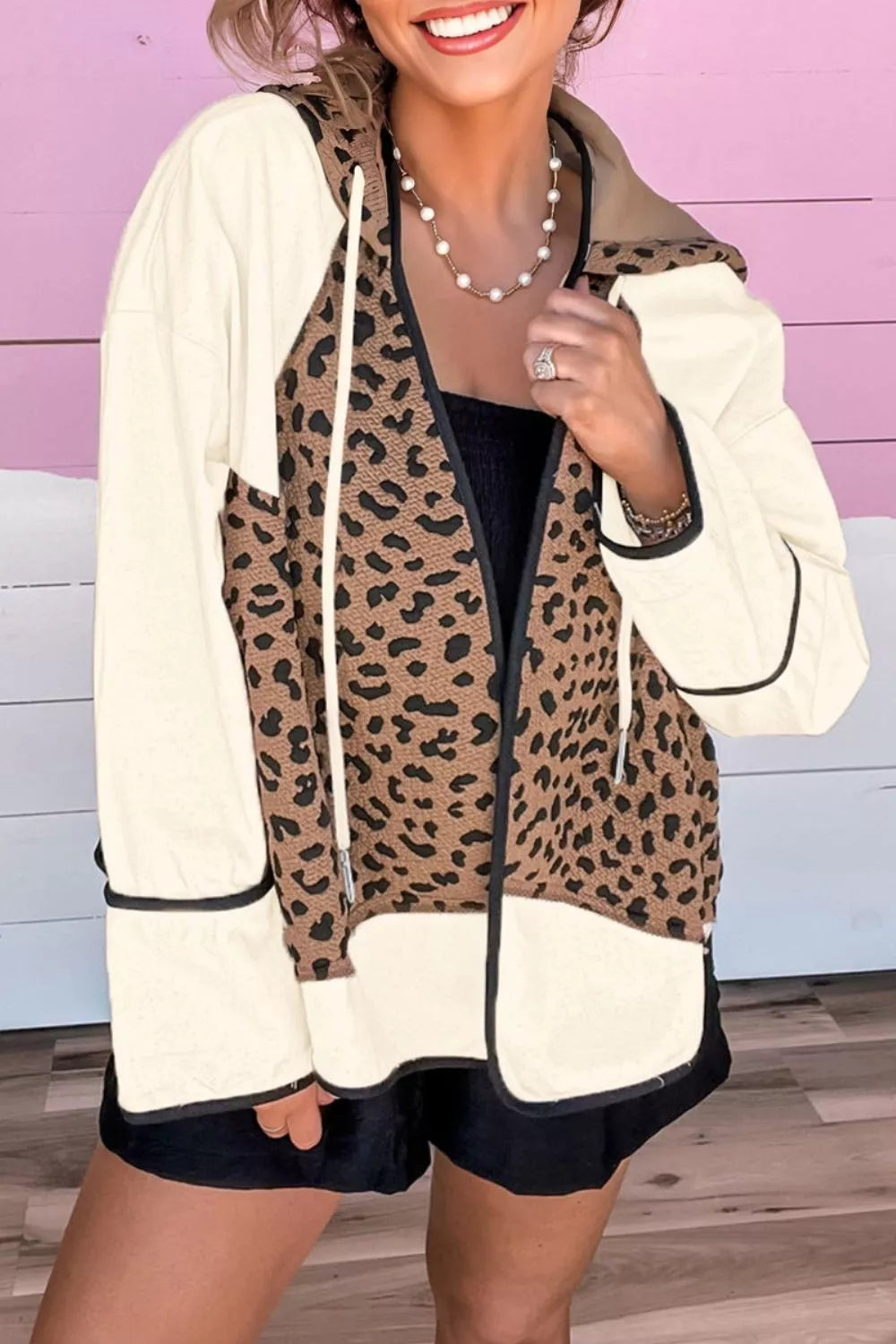 Drawstring Leopard Long Sleeve Hooded Jacket-Jacket-Krush Kandy, Women's Online Fashion Boutique Located in Phoenix, Arizona (Scottsdale Area)