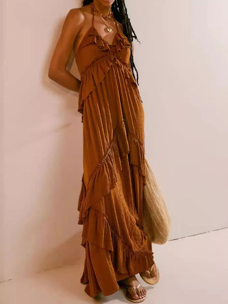 Ruffled Halter Neck Maxi Dress Caramel / S