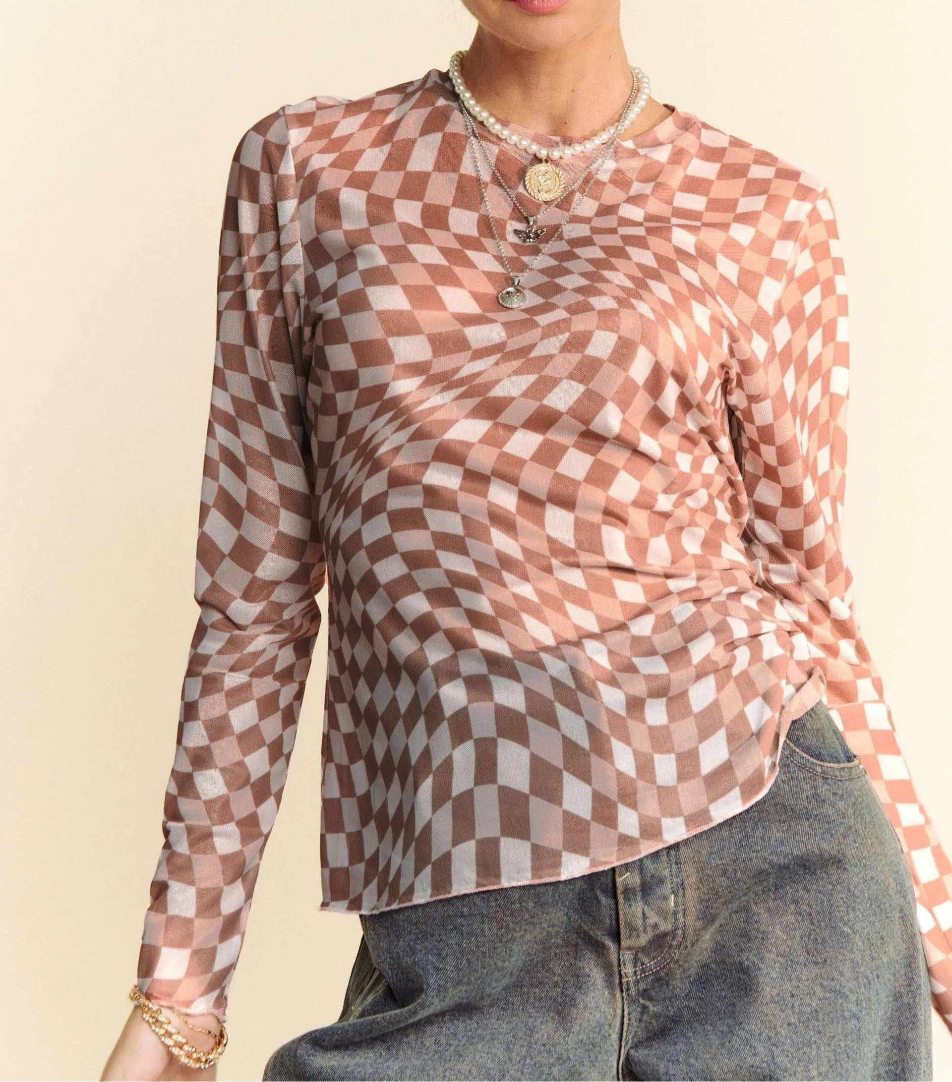 Davi & Dani Checker Board Mesh Long Sleeve Layering Top-tops-Krush Kandy, Women's Online Fashion Boutique Located in Phoenix, Arizona (Scottsdale Area)