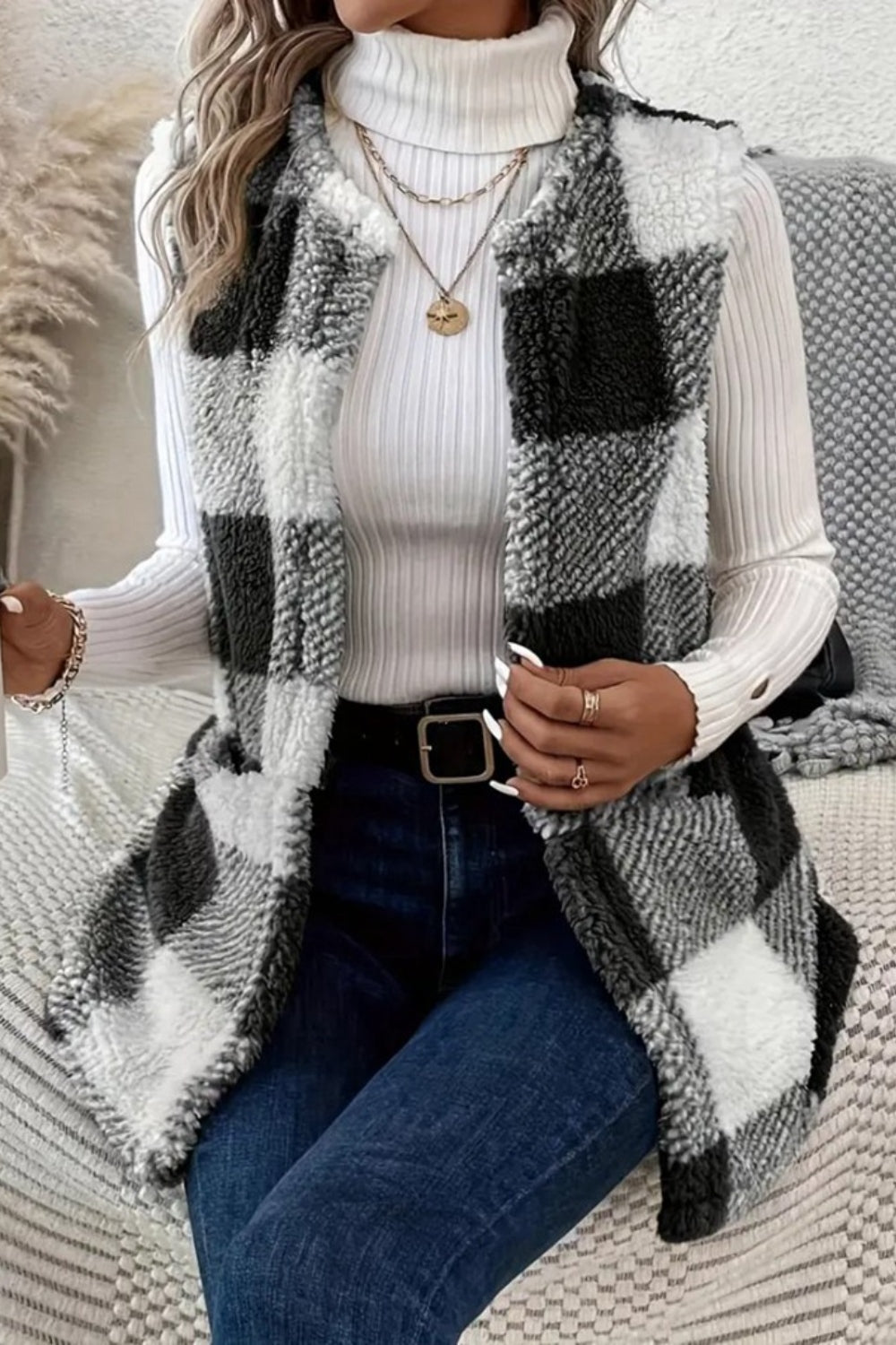 Sherpa Plaid Open Front Vest Coat-Krush Kandy, Women's Online Fashion Boutique Located in Phoenix, Arizona (Scottsdale Area)