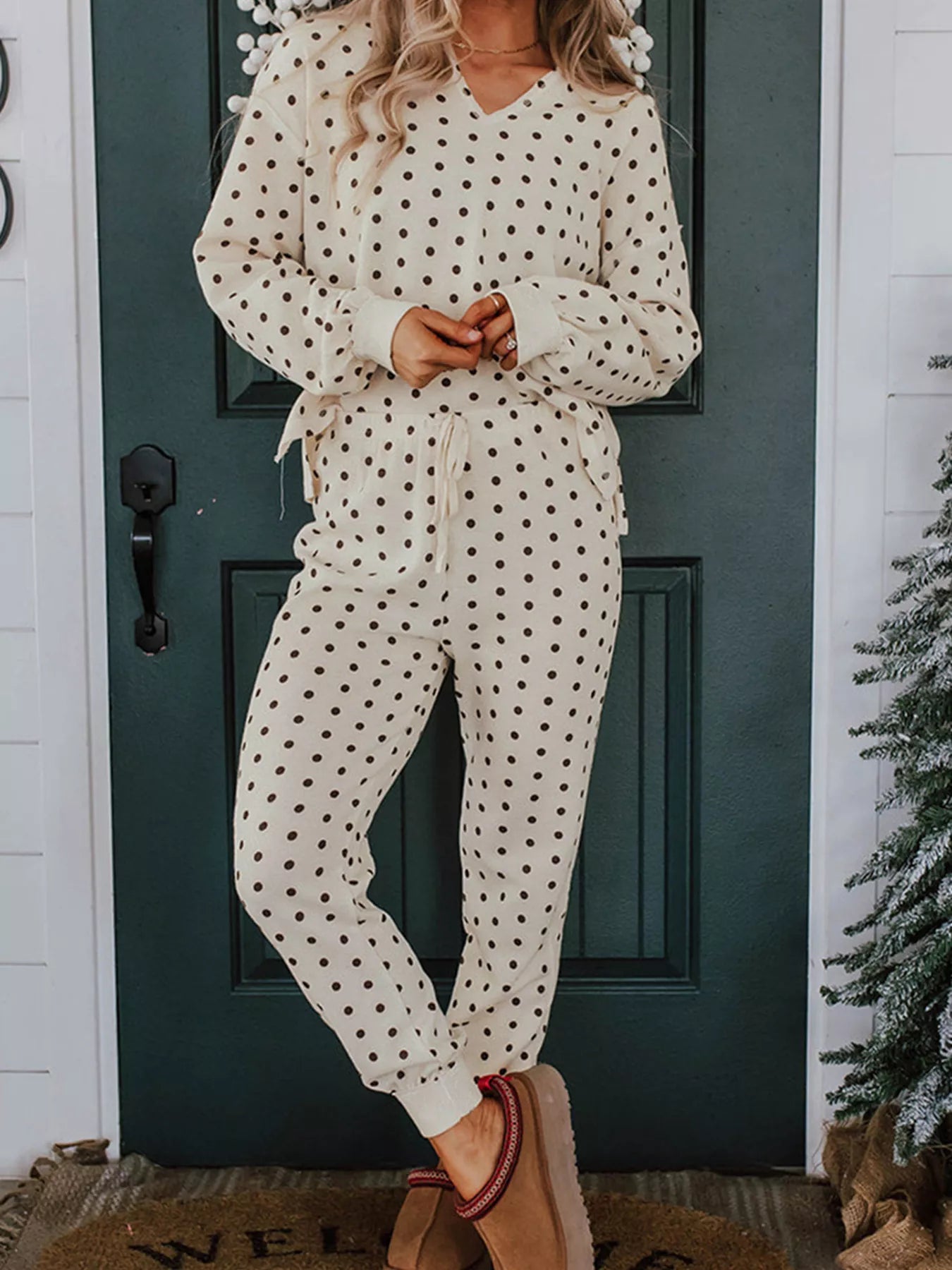 Polka Dot Notched Long Sleeve Top and Drawstring Joggers Lounge Set-Loungewear-Krush Kandy, Women's Online Fashion Boutique Located in Phoenix, Arizona (Scottsdale Area)