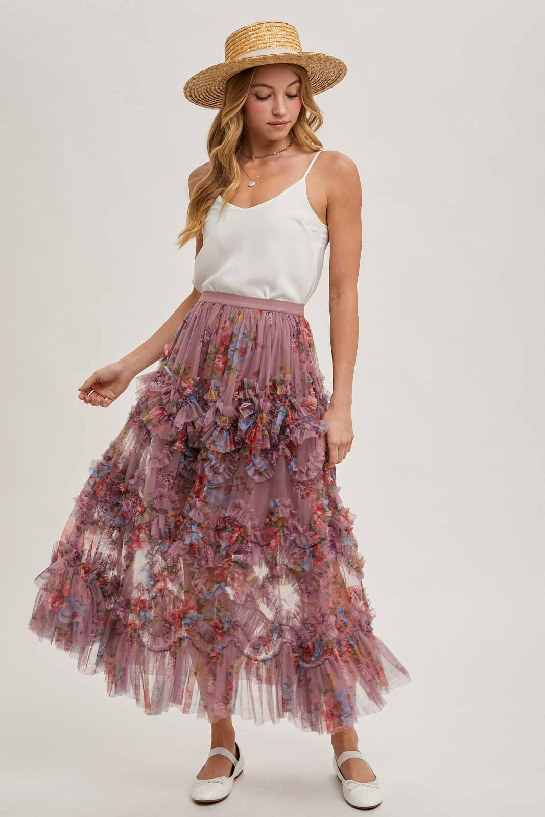 Floral Ruffled Mesh Midi Skirt-Skirts-Krush Kandy, Women's Online Fashion Boutique Located in Phoenix, Arizona (Scottsdale Area)
