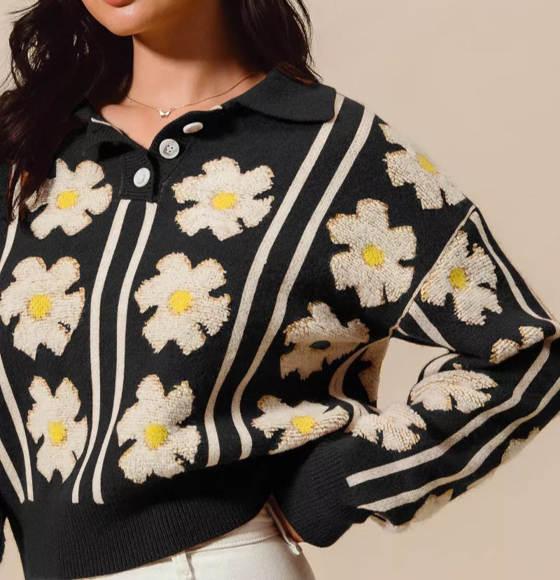 SO ME Floral Stripe Polo Collar Sweater-Sweater-Krush Kandy, Women's Online Fashion Boutique Located in Phoenix, Arizona (Scottsdale Area)
