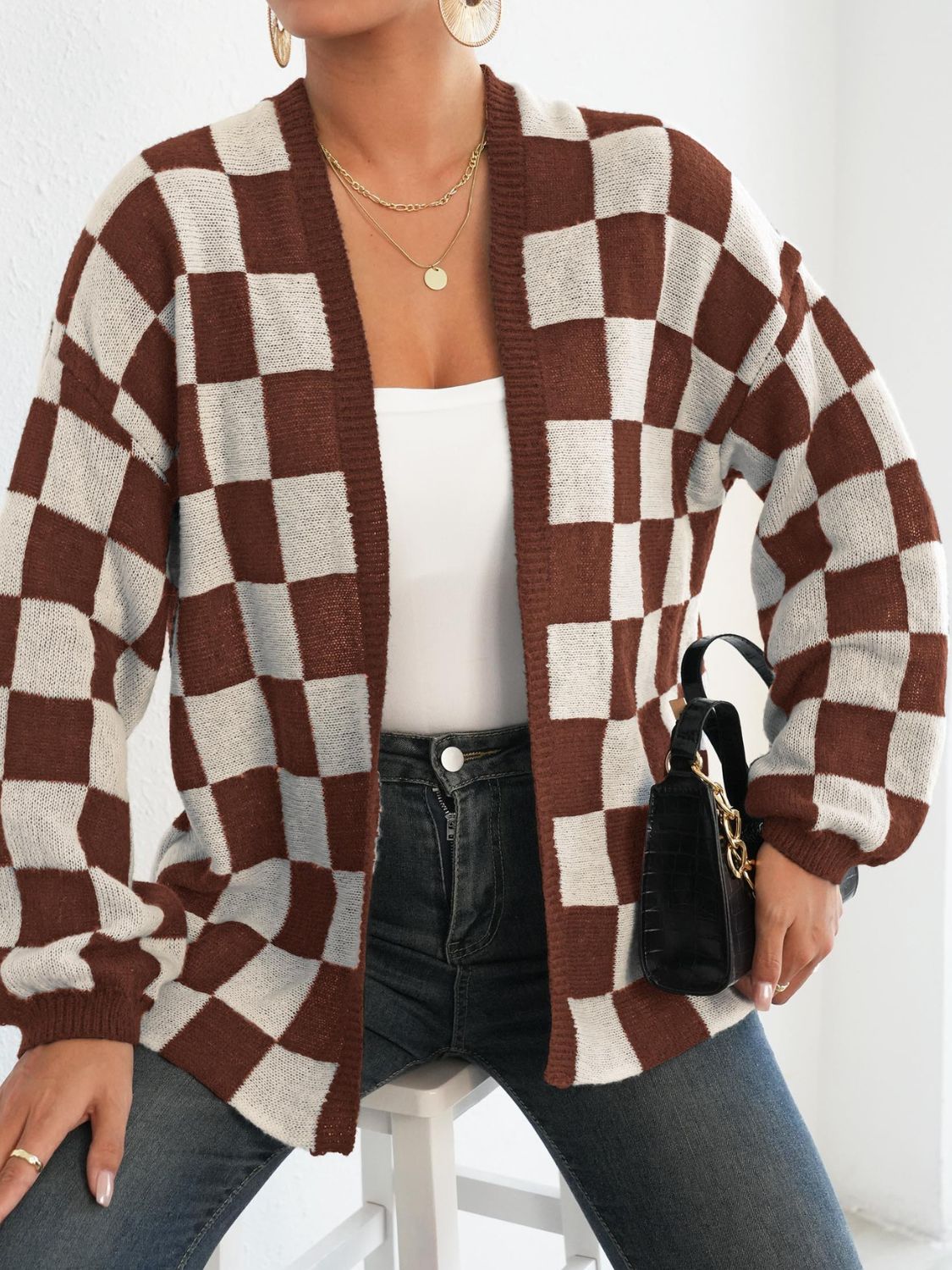 Checkered Open Front Long Sleeve Cardigan-Cardigans-Krush Kandy, Women's Online Fashion Boutique Located in Phoenix, Arizona (Scottsdale Area)