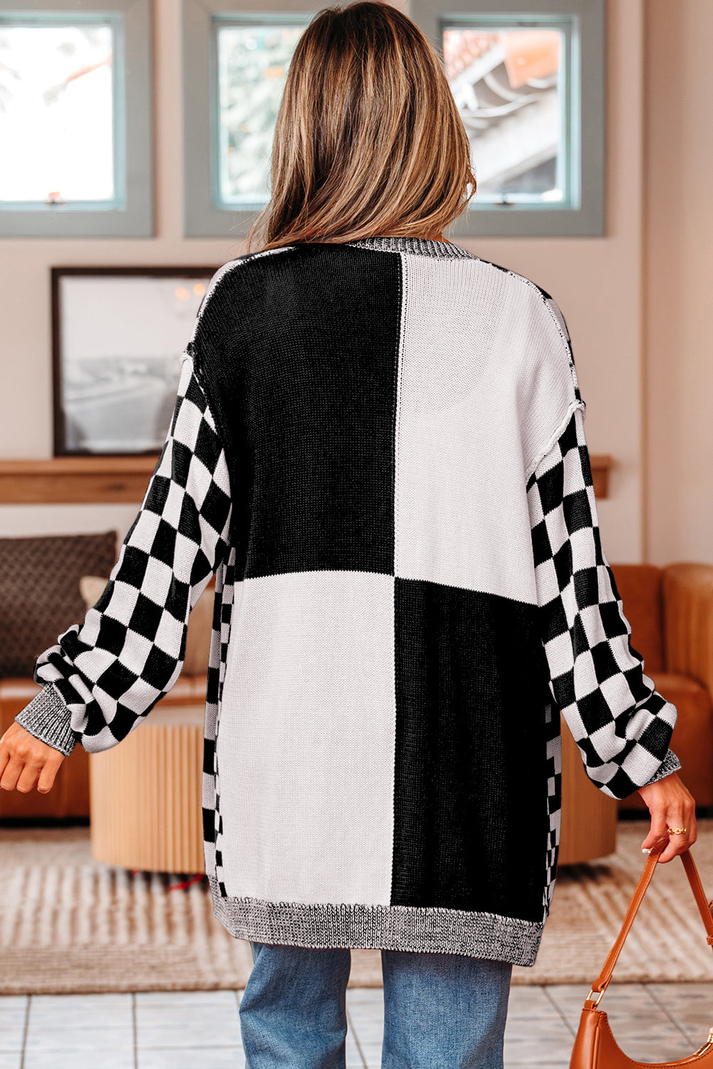 Black Checkered Colorblock Cardigan-Cardigans-Krush Kandy, Women's Online Fashion Boutique Located in Phoenix, Arizona (Scottsdale Area)