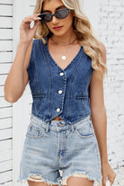 Button Down V-Neck Denim Vest-Krush Kandy, Women's Online Fashion Boutique Located in Phoenix, Arizona (Scottsdale Area)