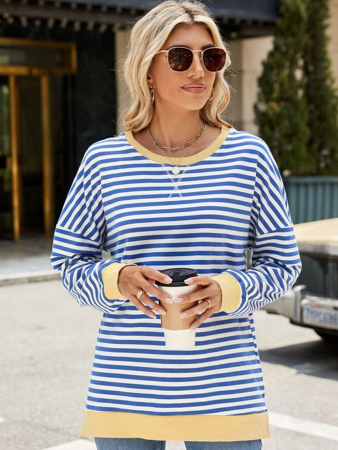 Slit Striped Round Neck Long Sleeve Sweatshirt-Krush Kandy, Women's Online Fashion Boutique Located in Phoenix, Arizona (Scottsdale Area)