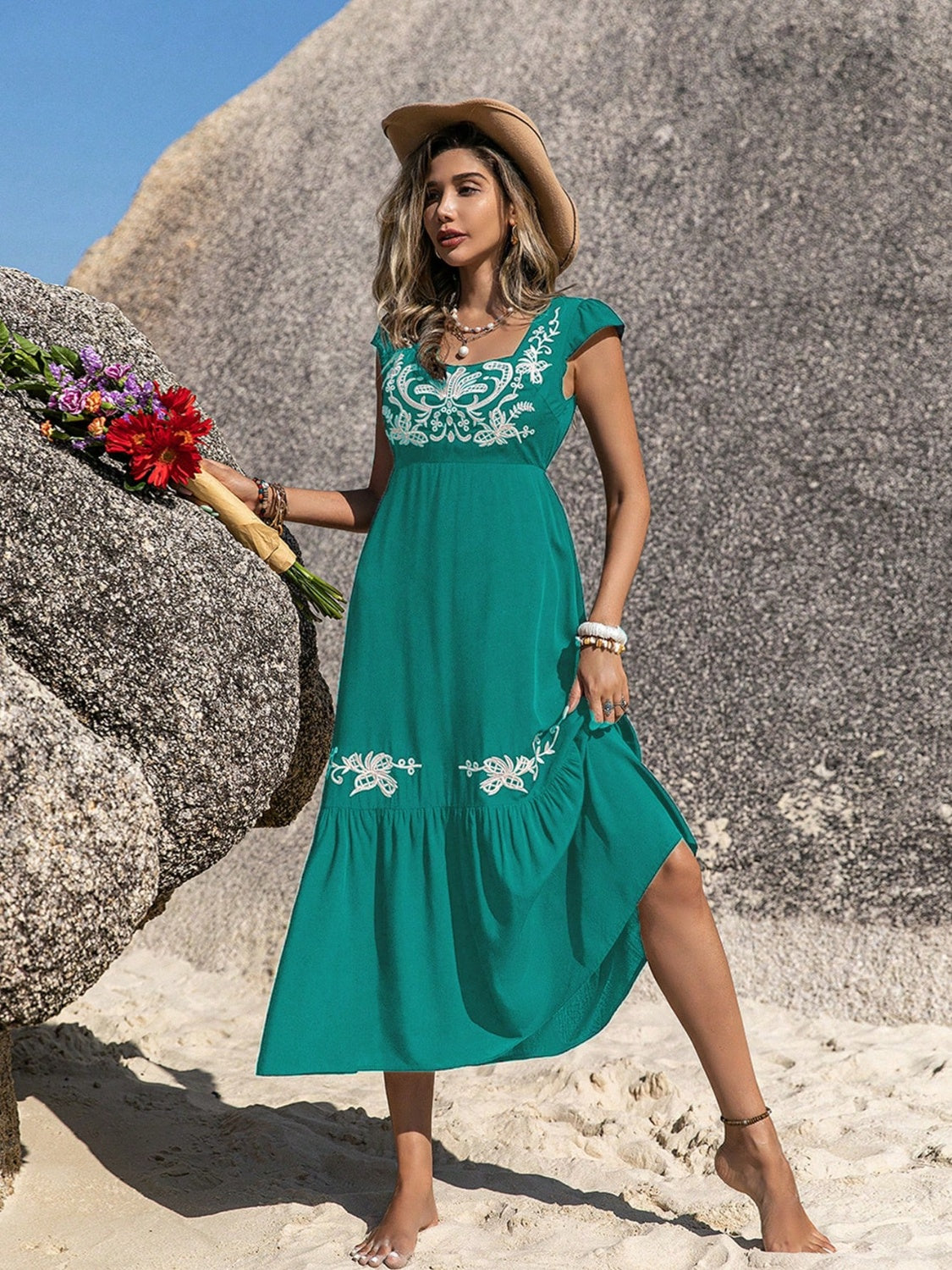 Embroidered Square Neck Cap Sleeve Dress-Dresses-Krush Kandy, Women's Online Fashion Boutique Located in Phoenix, Arizona (Scottsdale Area)