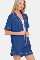 Zenana Button Down Short Sleeve Top and Shorts Lounge Set-Loungewear-Krush Kandy, Women's Online Fashion Boutique Located in Phoenix, Arizona (Scottsdale Area)