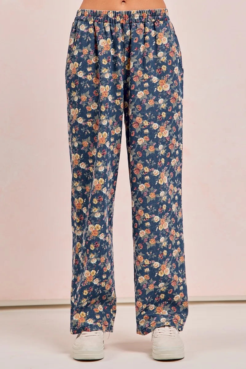 BiBi Washed Floral Print Wide Leg Jeans-Jeans-Krush Kandy, Women's Online Fashion Boutique Located in Phoenix, Arizona (Scottsdale Area)