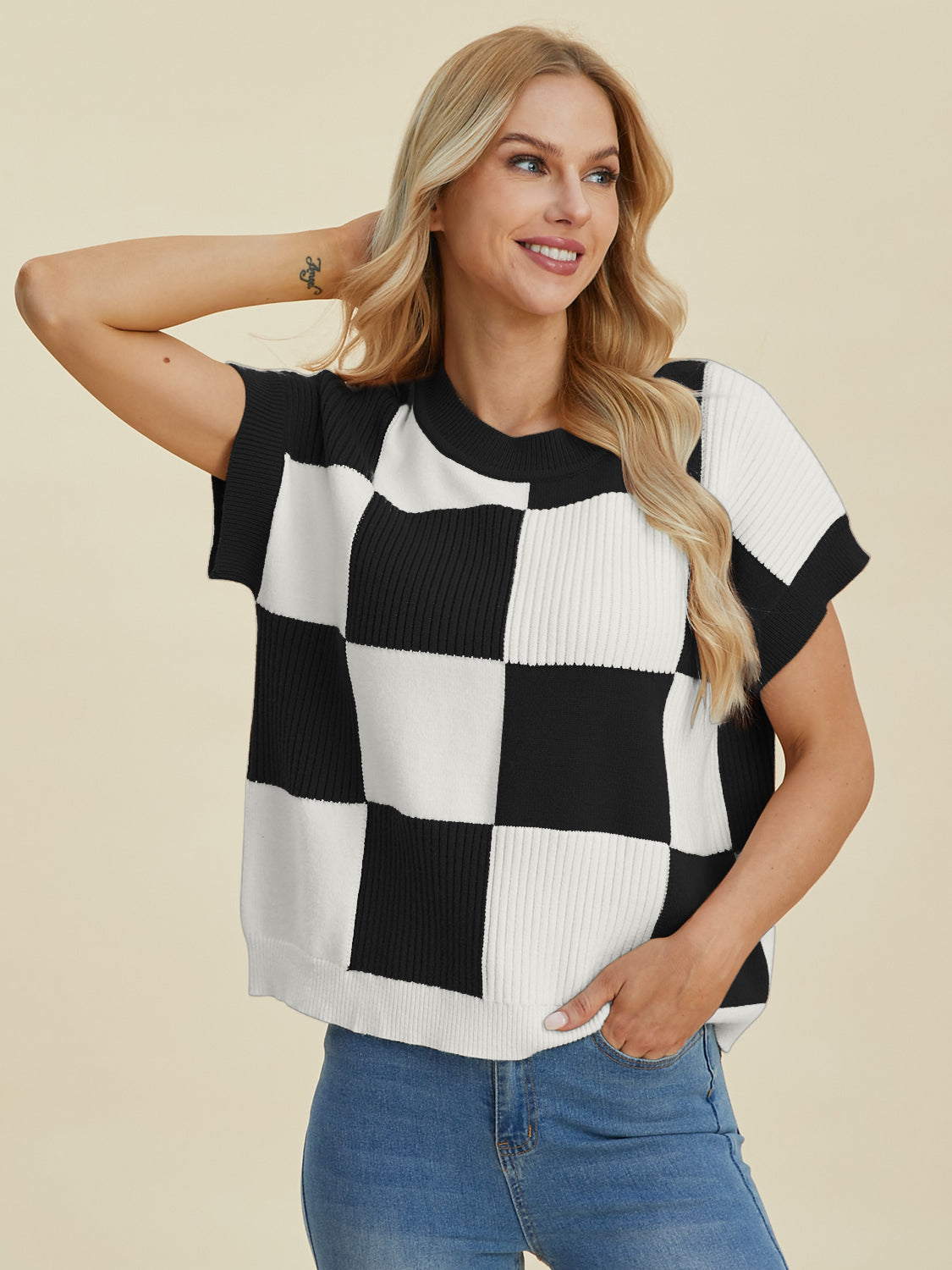 Double Take Full Size Checkered Round Neck Short Sleeve Sweater-Tops-Krush Kandy, Women's Online Fashion Boutique Located in Phoenix, Arizona (Scottsdale Area)