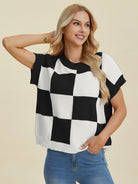 Double Take Full Size Checkered Round Neck Short Sleeve Sweater-Krush Kandy, Women's Online Fashion Boutique Located in Phoenix, Arizona (Scottsdale Area)