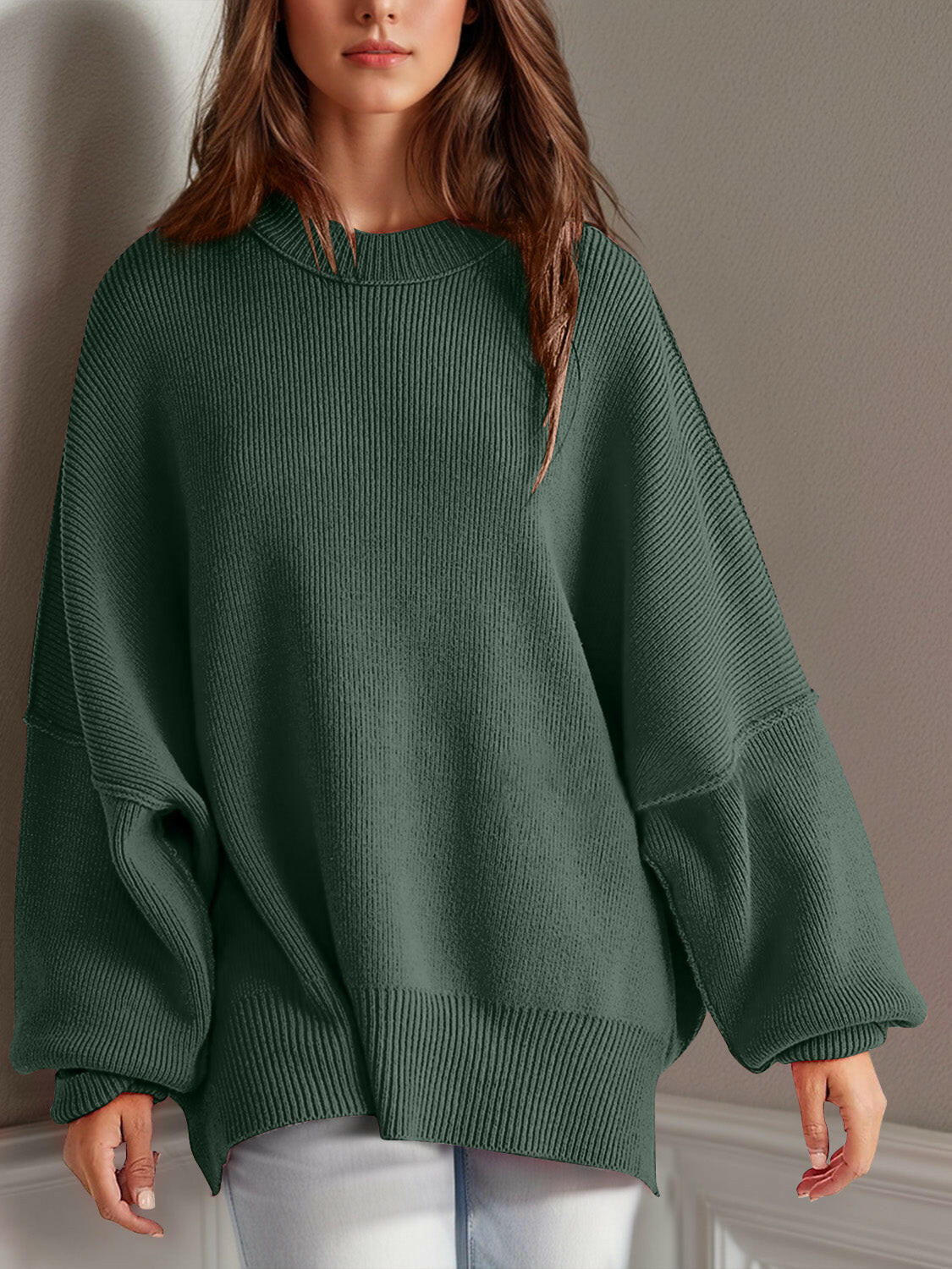 Double Take Side Slit Round Neck Long Sleeve Sweater-Sweaters-Krush Kandy, Women's Online Fashion Boutique Located in Phoenix, Arizona (Scottsdale Area)
