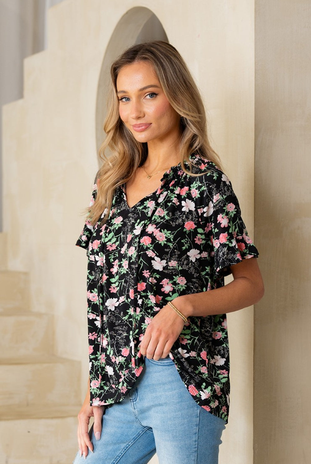 Sew In Love Floral Tie Neck Short Sleeve Blouse-Krush Kandy, Women's Online Fashion Boutique Located in Phoenix, Arizona (Scottsdale Area)