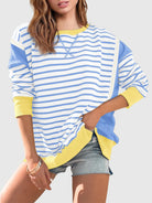 Slit Exposed Seam Striped Long Sleeve Sweatshirt-Sweaters-Krush Kandy, Women's Online Fashion Boutique Located in Phoenix, Arizona (Scottsdale Area)