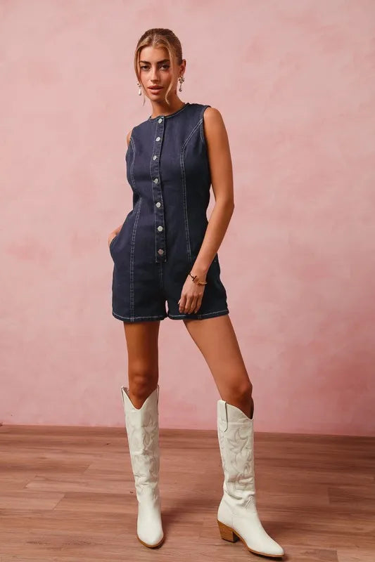 SO ME Button Up Front Washed Denim Sleeveless Romper-Jumpsuits & Rompers-Krush Kandy, Women's Online Fashion Boutique Located in Phoenix, Arizona (Scottsdale Area)