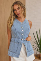 Sleeveless Button-Front Denim Vest Top-Tops-Krush Kandy, Women's Online Fashion Boutique Located in Phoenix, Arizona (Scottsdale Area)