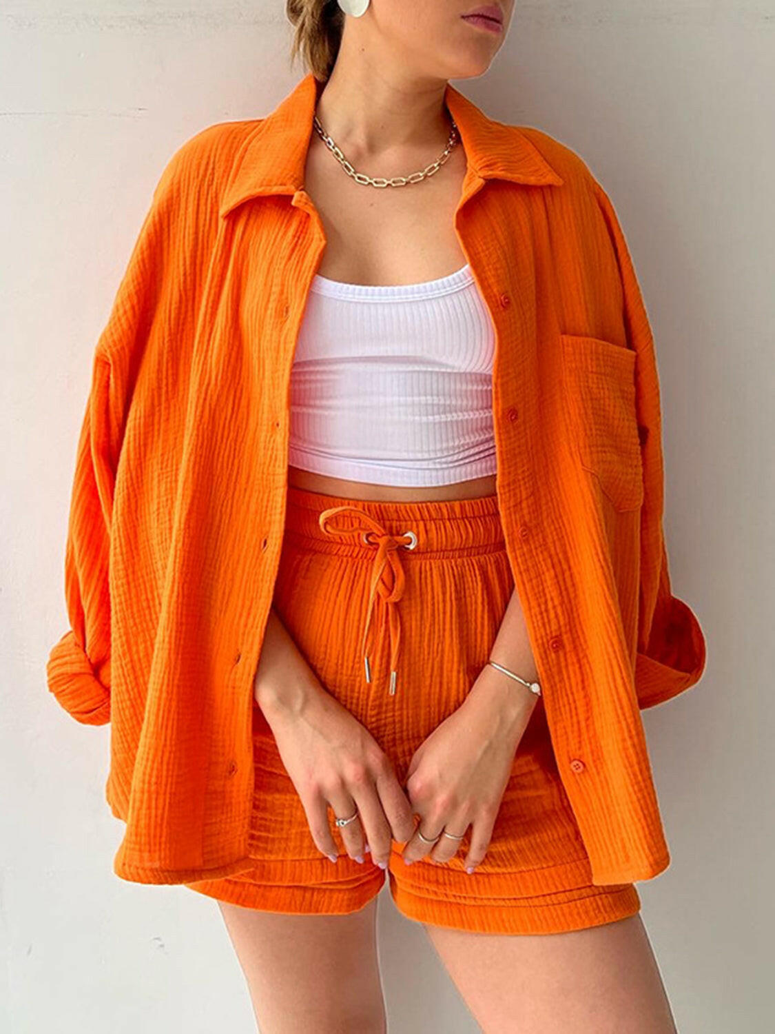 Kinsley Texture Button-Up Shirt and Drawstring Shorts Set-Krush Kandy, Women's Online Fashion Boutique Located in Phoenix, Arizona (Scottsdale Area)