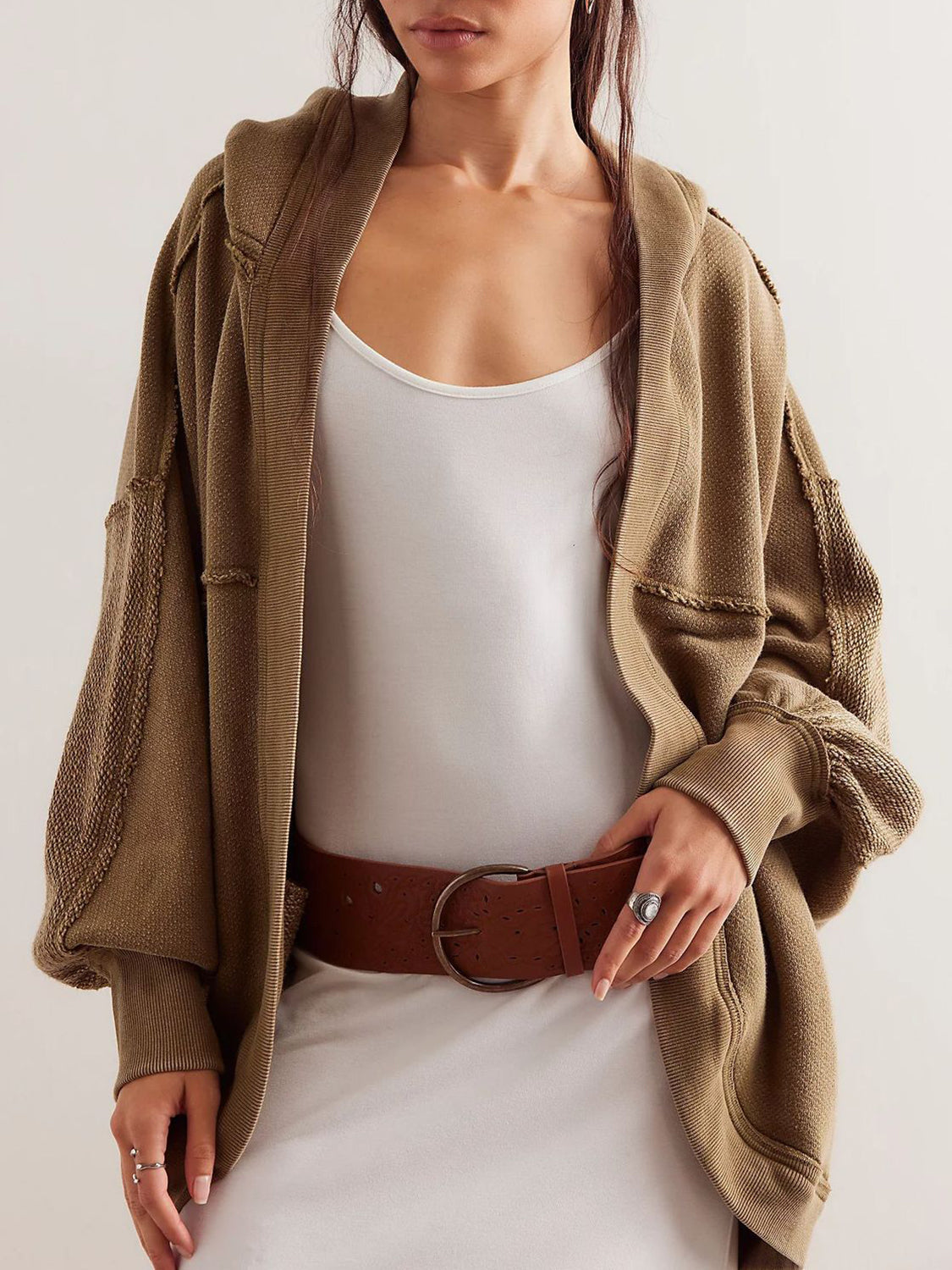 Exposed Seam Open Front Batwing Sleeve Hooded Cardigan-Krush Kandy, Women's Online Fashion Boutique Located in Phoenix, Arizona (Scottsdale Area)