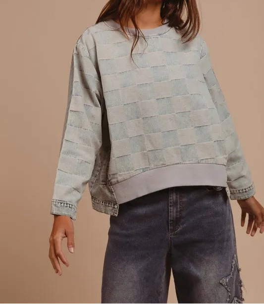 BiBi Mineral Washed Checkered Round Neck Denim Top-Sweater-Krush Kandy, Women's Online Fashion Boutique Located in Phoenix, Arizona (Scottsdale Area)
